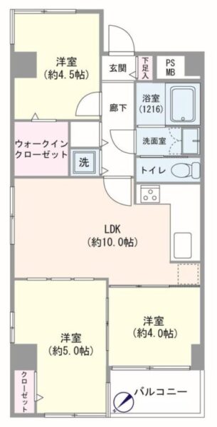 【間取り:3LDK】専有面積61.64㎡、バルコニー面積3.92㎡。約10.0帖のリビングダイニングキッチンに、クローゼット付きの約5.0帖、ウォークインクローゼット付きの約4.5帖、約4.0帖の洋室があります。陽当たり良好な3方角住戸です。