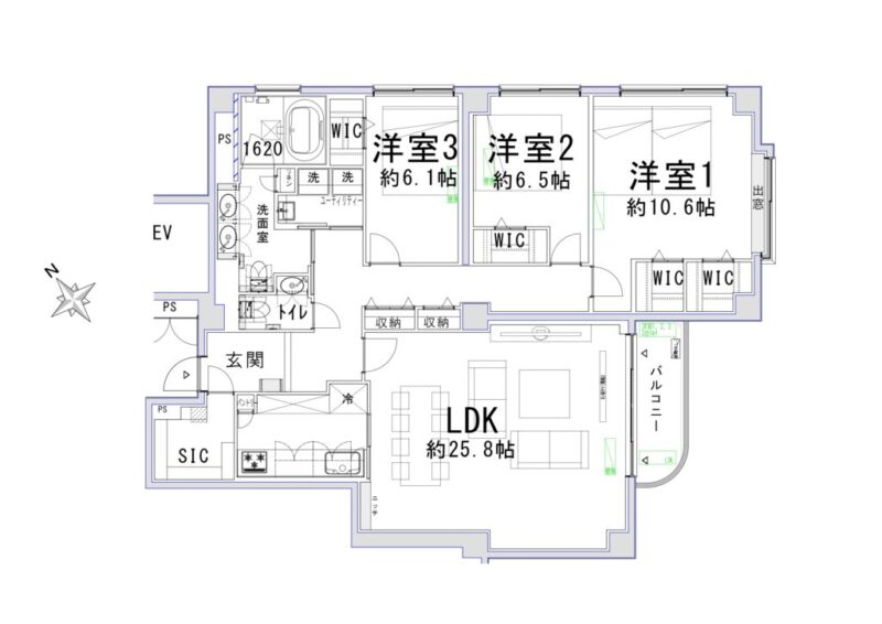 【間取り：3LDK】専有面積123.19㎡、バルコニー面積3.63㎡。約25.8帖のリビングダイニングキッチンに、約10.6帖・約6.5帖・約6.1帖の洋室があり、それぞれにウォークインクローゼットを備えています。1620サイズのゆったりとしたバスルーム、ツインボウルの洗面台、スロップシンク付きのユーティリティルームと水回りもゆとりある造りとなっています。陽当たり良好な角住戸です。