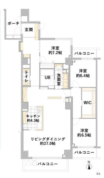 【間取り：3LDK】専有面積122.91㎡、バルコニー面積16.65㎡。約27.0帖のリビングダイニングに約4.3帖のキッチン。約6.5帖と約6.4帖、クローゼット付きの7.2帖の洋室があり、リビング・キッチンに収納、廊下にウォークインクローゼットや収納、洗面室にリネン庫、玄関にシューズインクローゼットを備え、収納が豊富です。陽当たり良好な南向き住戸です。