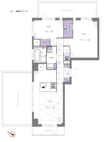 【間取り：2LDK】専有面積70.69㎡、ルーフバルコニー面積35.20㎡、バルコニー面積3.37㎡。床暖房付きの約15.1帖のリビングダイニングキッチン。ウォークインクローゼット付きの約10.1帖、クローゼット付きの約5.9帖、洗面室にリネン庫、玄関にシューズクローゼットを備えています。2面のルーフバルコニー付きの陽当たり・眺望良好な3方角住戸です。