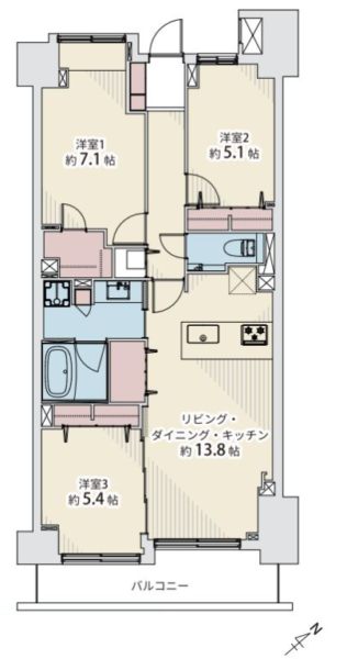 【間取り:3LDK】専有面積74.18㎡、バルコニー面積8.02㎡、トランクルーム面積3.17㎡。約13.8帖のリビングダイニングキッチンに、ウォークインクローゼット付きの約7.1帖、クローゼット付きの約5.1帖と約5.4帖の洋室があります。リビング収納、シューズクローゼットも備え、収納も充実しています。陽当たり良好な南東向き住戸です。