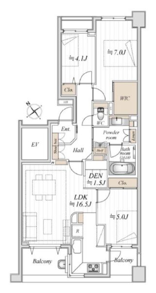 【間取り:3LDK】専有面積82.71㎡、バルコニー面積9.84㎡。床暖房付きの約16.5帖のリビングダイニングキッチン、ウォークインクローゼット付きの約7.0帖、クローゼット付きの約5.0帖と約4.1帖の洋室、リビングに約1.5帖のDENがあります。1618サイズのバスルーム、バルコニーにスロップシンクを備え、水回りにもゆとりがあります。陽当たり良好な最上階・南西向き住戸です。