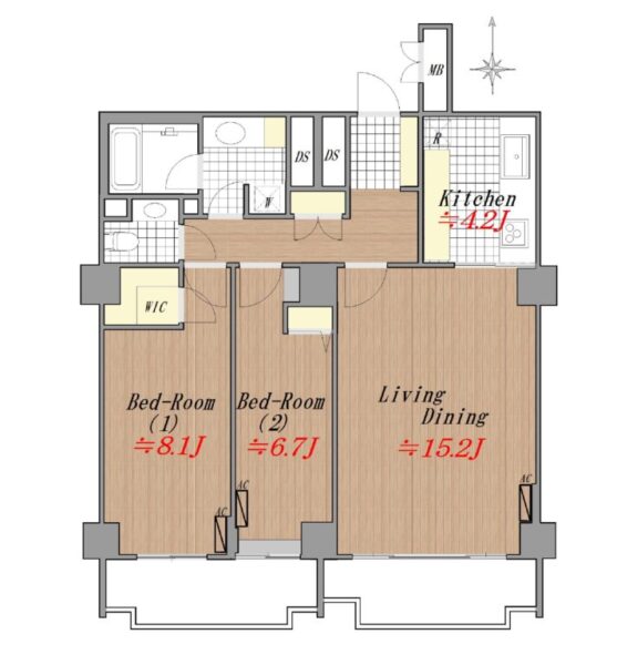 【間取り：2LDK】専有面積80.64㎡、バルコニー面積12.73㎡。約15.2帖のリビングダイニングに約4.2帖のキッチン。ウォークインクローゼット付きの約8.1帖、クローゼット付きの約6.7帖の洋室があります。洗面室や廊下に収納、玄関にシューズクローゼットを備え、収納も充実しています。陽当たり良好な南向き住戸です。