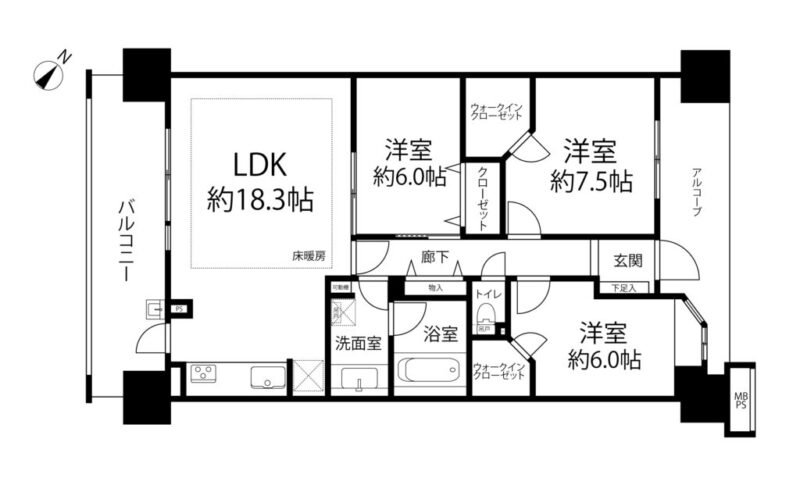 【間取り：3LDK】専有面積86.59㎡、バルコニー面積13.50㎡。床暖房敷設の約18.3帖のリビングダイニングキッチンに、ウォークインクローゼット付きの約7.5帖・約6.0帖、クローゼット付きの約6.0帖の洋室があります。陽当たり・眺望良好な南西と南東向きの2面採光のある住戸です。