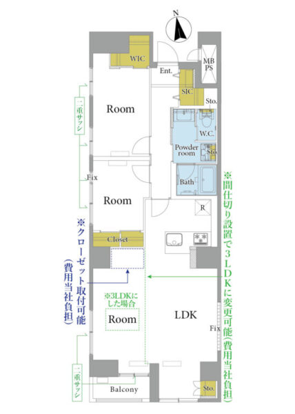【間取り：2LDK】専有面積83.41㎡、バルコニー面積2.97㎡。南向きリビングダイニングキッチンに、洋室が3部屋あり、それぞれにウォークインクローゼットまたはクローゼットを、リビングや洗面室にもリネン庫、玄関にはシューズインクローゼットを備え、収納も充実しています。陽当たり・通風良好な南西向き角住戸です。