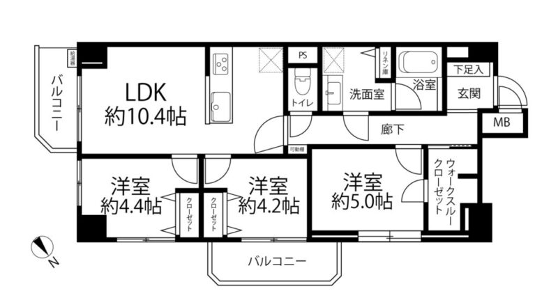 【間取り:3LDK】専有面積60.03㎡、バルコニー面積9.03㎡。約10.4帖のリビングダイニングキッチンに、ウォークスルークローゼット付きの約5.0帖、クローゼット付きの約4.4帖の洋室があります。洗面室にリネン庫、玄関にシューズクローゼットを備え、収納も充実しています。陽当たり良好な南東と北東向きの角住戸です。