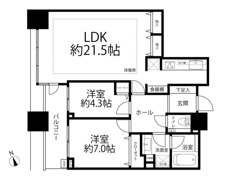 【間取り：2LDK】専有面積75.19㎡、バルコニー面積8.33㎡。床暖房付きの約21.5帖のリビングダイニングキッチンに、約7.0帖と約4.3帖の洋室があり、それぞれにクローゼットを備えています。18階で陽当たり・眺望良好な住戸です。
