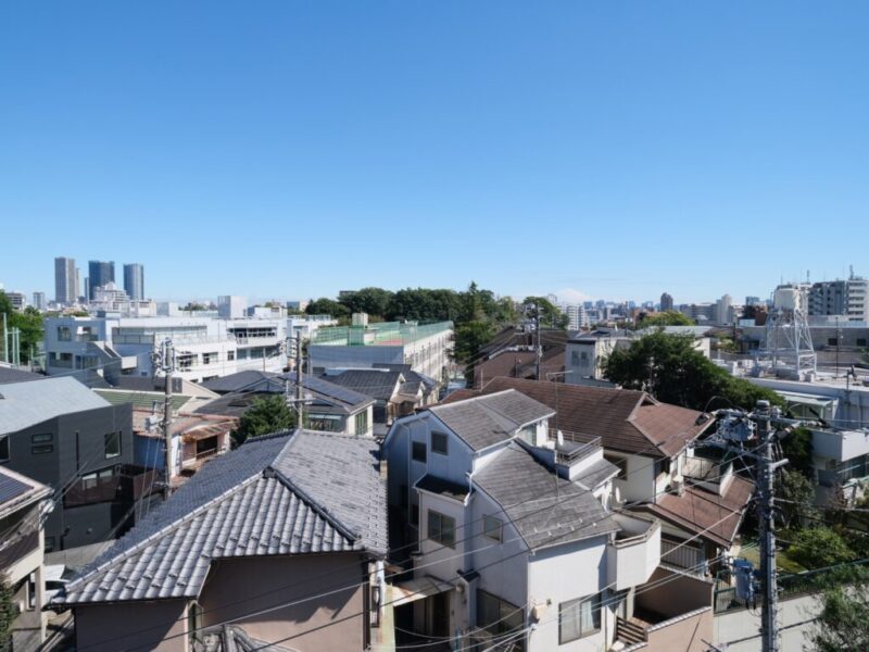 【住戸からの眺望】眼下は住宅街で低層の建物が多く、緑が点在し、開放感たっぷりの広い空が仰げる爽快な眺望です。