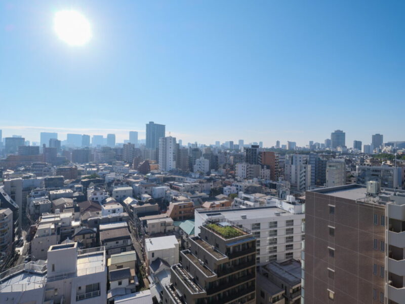 【住戸からの眺望】眼下は低層の建物が多く、奥は都会的な景色が広がり、空色の移ろいも感じられる開放感たっぷりの圧巻のパノラマビューです。夜には、広がる都心の明かりがより一層美しく煌びやかな夜景が贅沢にも自邸から堪能できます。