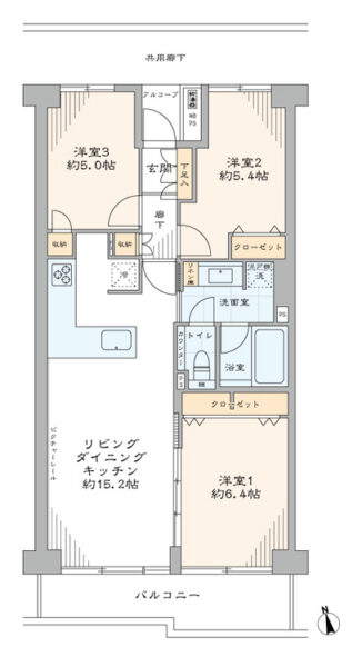 【間取り：3LDK】専有面積67.63㎡、バルコニー面積8.04㎡。約15.2帖のリビングダイニングキッチンに、約6.4帖・約5.4帖・約5.0帖の洋室があり、それぞれにクローゼットまたは収納を、洗面室にリネン庫、廊下に収納、玄関にシューズクローゼットを備え収納も充実しています。陽当たり良好な南向き住戸です。