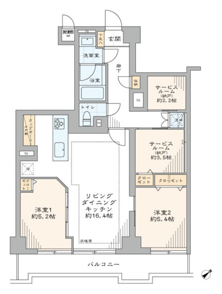 【間取り：2SSLDK】専有面積74.40㎡、バルコニー面積10.08㎡。床暖房敷設の約16.4帖のリビングダイニングキッチンに、クローゼット付きの約5.2帖と約5.4帖の洋室、クローゼット付きの約3.5帖、約2.2帖のサービスルームがあり、廊下に収納、玄関にシューズクローゼットを備え、収納も充実しています。陽当たり良好な南東向き住戸です。
