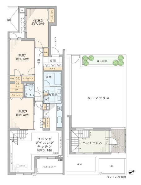 【間取り：3LDK】専有面積110.33㎡、ルーフテラス面積56.13㎡、サービスバルコニー面積3.09㎡、ペントハウス面積56.13㎡、バルコニー面積5.58㎡、アルコープ面積1.08㎡。4階は床暖房敷設の約20.1帖のリビングダイニングキッチンに、ウォークインクローゼット付きの約7.5帖、クローゼット付きの約7.0帖と約6.4帖の洋室があります。リビング収納、洗面室にリネン庫、廊下収納、玄関にはシューズクローゼットを備え、収納も豊富です。5階はペントハウスとルーフテラスとなっています。陽当たり良好な南東向き住戸です。