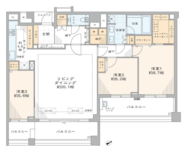 【間取り：3LDK】専有面積111.04㎡、バルコニー面積28.30㎡。床暖房付きの約20.1帖のリビングダイニングに、床暖房付きの約4.5帖のキッチン。ウォークインクローゼットとクローゼット付きの約8.7帖、クローゼット付きの約6.2帖と約5.6帖の洋室があります。キッチンにカップボード、洗面室に収納、廊下に納戸や収納、玄関にシューズクローゼットを備え、収納が豊富。陽当たり良好な最上階南東向きワイドスパン住戸です。