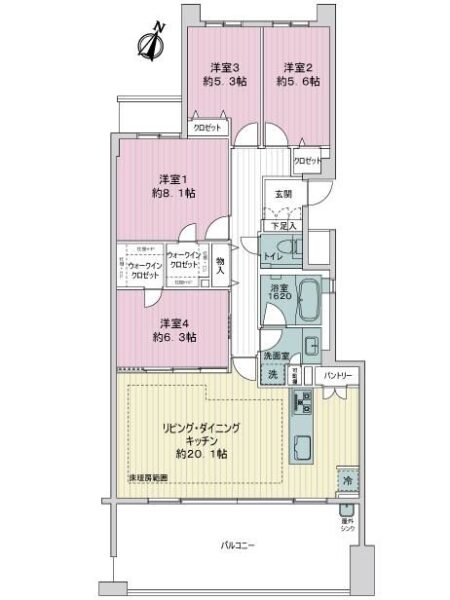 【間取り:4LDK】専有面積104.12㎡、バルコニー面積17.57㎡。床暖房付きの約20.1帖のリビングダイニングキッチンに、ウォークインクローゼット付きの約8.1帖と約6.3帖、クローゼット付きの約5.6帖と約5.3帖の洋室があります。キッチンにパントリー、廊下に収納、玄関にシューズクローゼットを備え、収納も豊富です。1620サイズのバスルーム、手洗いスペース付きのトイレ、バルコニーにシンクがあり、水回りにもゆとりがあります。陽当たり良好な南東向き住戸です。