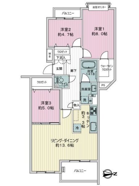 【間取り：3LDK】専有面積81.38㎡、バルコニー面積5.94㎡。約13.6帖のリビングダイニングに約3.3帖のキッチン。ウォークインクローゼット付きの約8.0帖、クローゼット付きの約5.0帖と約4.7帖の洋室があります。東と西向きの2面採光の陽当たり良好な住戸です。廊下や洗面室に収納、玄関にシューズクローゼットを備え、1階に各戸専用のエクストラボックスあり、収納も豊富です。