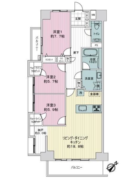 【間取り：3LDK】専有面積98.25㎡、バルコニー面積11.25㎡。約18.8帖のリビングダイニングキッチン、クローゼット付きの約7.7帖、ウォークインクローゼット付きの約5.7帖と約5.9帖の洋室があります。リビングに約3.0帖の納戸、洗面室や廊下に収納、玄関にシューズクローゼットを備え、収納も充実しています。1620サイズのバスルームや専用手洗いスペース付きのトイレなど水回りにもゆとりがあります。陽当たり良好な3方角住戸です。