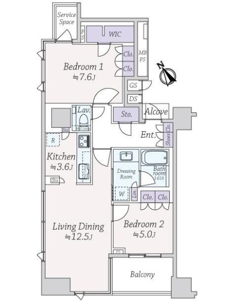 【間取り：2LDK】専有面積70.78㎡、バルコニー面積5.65㎡。約12.5帖のリビングダイニングに約3.6帖のキッチン。ウォークインクローゼットとクローゼット付きの約7.6帖、クローゼット付きの約5.0帖の洋室があります。洗面室にリネン庫、廊下に納戸、玄関にシューズクローゼットを備え、収納も豊富です。陽当たり良好な角住戸です。