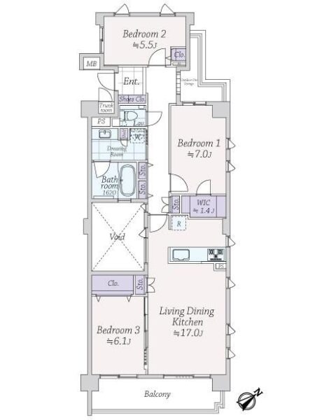 【間取り：3LDK】専有面積86.22㎡、バルコニー面積10.04㎡。約17.0帖のリビングダイニングキッチンに、ウォークインクローゼット付きの約7.0帖、クローゼット付きの約5.5帖と約6.1帖の洋室があります。リビング収納、廊下収納、玄関にはシューズクローゼット、住戸付設のトランクルームを備え、収納も豊富です。陽当たり良好な南東向き住戸です。