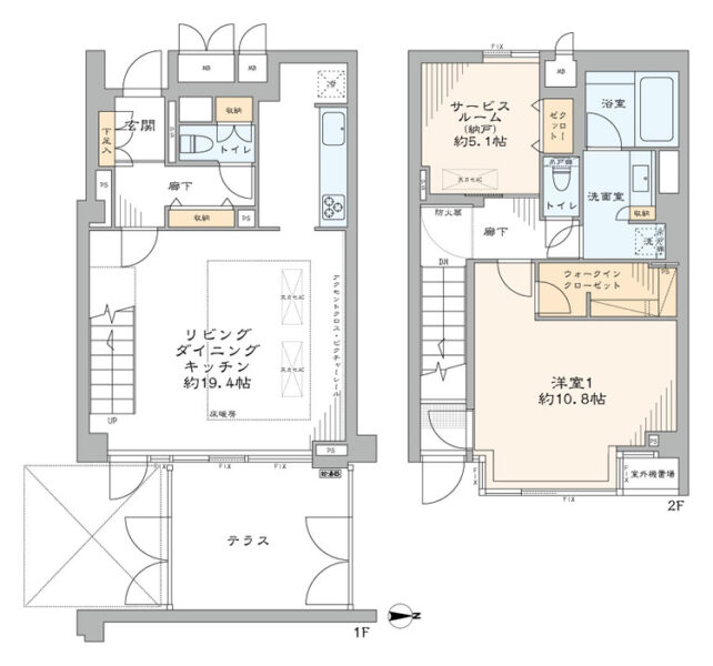 【間取り：1SLDK】専有面積100.50㎡、テラス面積14.96㎡。床暖房付きの約19.4帖のリビングダイニングキッチンに、ウォークインクローゼット付きの約10.8帖の洋室、クローゼット付きの約5.1帖のサービスルームがあります。洗面室に収納、廊下に収納、トイレ収納、玄関にシューズクローゼットを備え、収納が豊富です。メゾネットタイプのデザイナースマンションです。