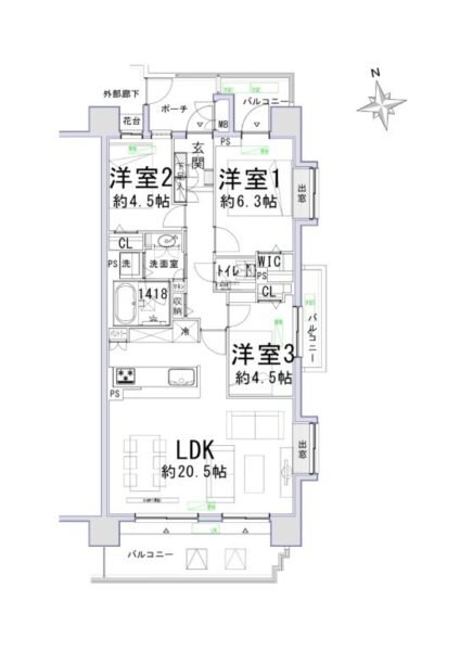 【間取り：3LDK】専有面積77.50㎡、バルコニー面積17.73㎡。約20.5帖のリビングダイニングキッチンに、約6.3帖・約4.5帖・約4.5帖の洋室があり、それぞれにウォークインクローゼットまたはクローゼットを備え、キッチンや廊下に収納、玄関にはシューズクローゼットを備えており、収納も充実した3LDKです。南向きで陽当たり良好な3角住戸です。                                                                            