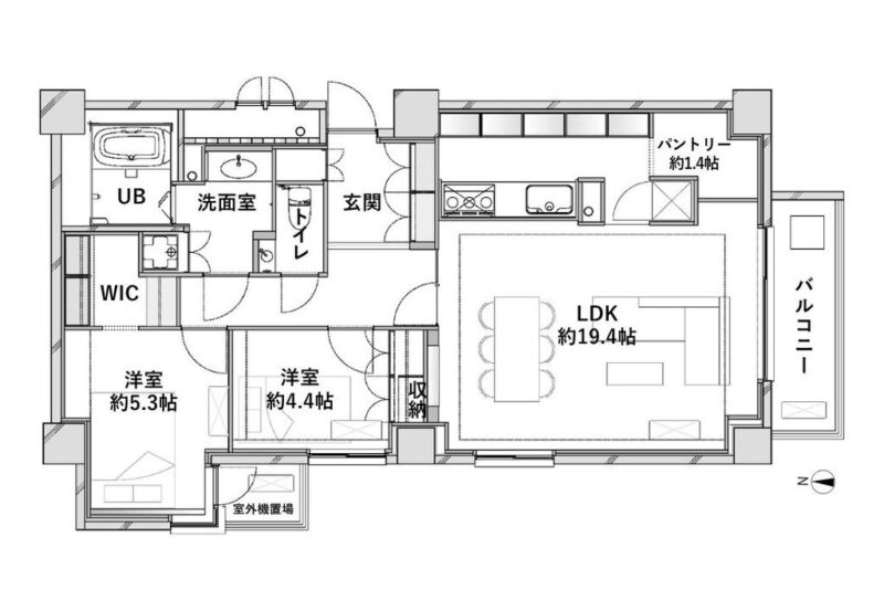 【間取り:2LDK】専有面積84.39㎡、バルコニー面積6.52㎡。床暖房と約1.4帖のパントリー付きの約19.4帖のリビングダイニングキッチン。ウォークインクローゼット付きの約5.3帖、クローゼット付きの約4.4帖の洋室があり、玄関には、収納とシューズクローゼットを備え、所有権付きの専用トランクルームもあり、収納も充実しています。陽当たり・通風良好な南向き住戸です。