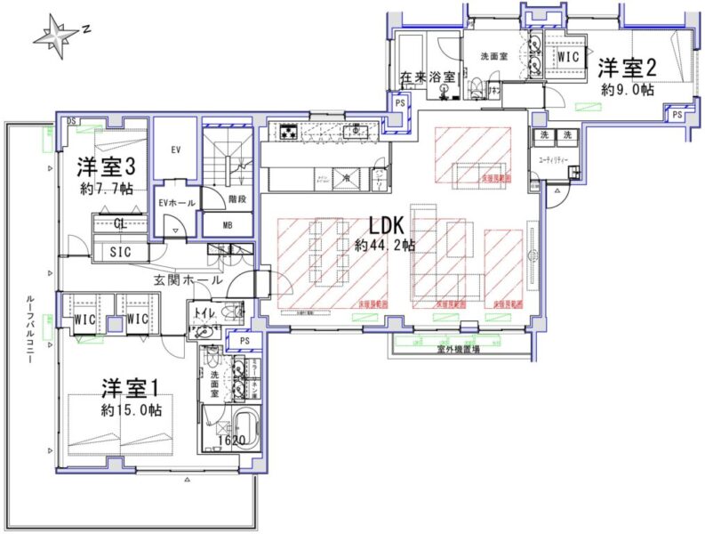 【間取り:3LDK】専有面積178.19㎡、ルーフバルコニー面積40.13㎡。床暖房敷設の約44.2帖のリビングダイニキッチンに、ウォークインクローゼット付きの約15.0帖と約9.0帖、クローゼット付きの約7.7帖の洋室があります。キッチンにパントリー、玄関にシューズインクローゼットや下足入れなど収納も充実した3LDKです。在来浴室と1620サイズのゆったりとしたバスルーム、ツインボウルの洗面台のある洗面室が2か所、トイレが2か所、スロップシンク付きのユーティリティルームと水回りもゆとりある造りとなっています。陽当たり良好な4面採光のある住戸です。