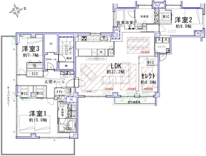 【間取り:4LDK】約44.2帖のリビングダイニングキッチンを、約37.2帖のリビングダイニングキッチンとウォークインクローゼット付きの約6.0帖の洋室と分ける4LDKへの間取りも無料で変更が可能です。お客様のニーズに合わせてご希望の間取りをお選びください。