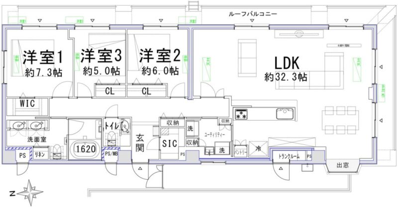 【間取り：3LDK】専有面積122.61㎡、バルコニー面積20.16㎡。約32.3帖のリビングダイニングキッチンに、ウォークインクローゼット付き約7.3帖、クローゼット付きの約6.0帖と約5.0帖の洋室があります。廊下に収納、玄関にはシューズインクローゼットを備えており、収納も充実した3LDKです。1620サイズのゆったりとしたバスルーム、ツインボウルの洗面台、専用手洗いスペース付きトイレ、スロップシンク付きのユーティリティルームと水回りもゆとりある造りとなっています。陽当たり良好な4面採光のある角住戸です。