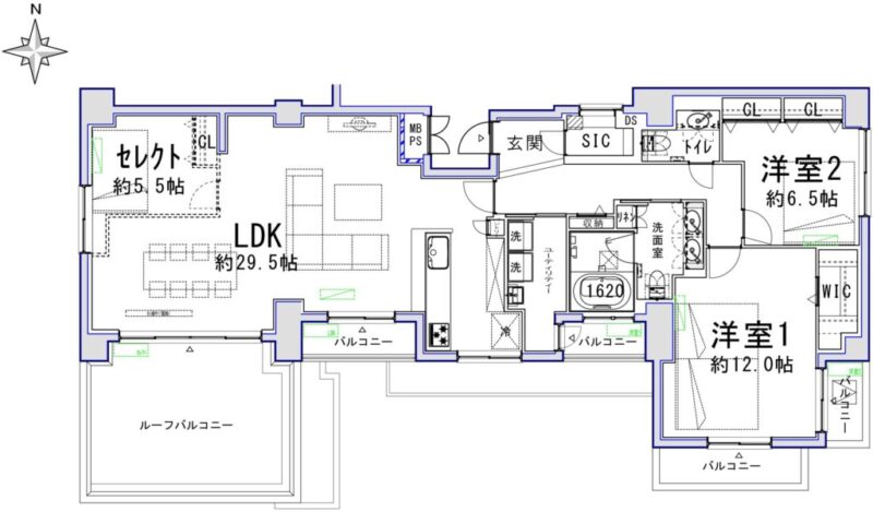 【間取り:3LDK】約35.6帖のリビングダイニングキッチンを、約29.5帖のリビングダイニングキッチンとクローゼット付きの約5.5帖の洋室と分ける3LDKへの間取りも無料で変更が可能です。お客様のニーズに合わせてご希望の間取りをお選びください。