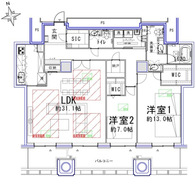 【間取り：2LDK】専有面積130.59㎡、バルコニー面積25.2㎡。床暖房付きの約31.1帖のリビングダイニングキッチンに、約13.0帖と約7.0帖の洋室があり、それぞれにウォークインクローゼットを備えています。リビング収納、洗面室にリネン庫、廊下に納戸、玄関にシューズインクローゼットを備え、収納も豊富です。陽当たり良好な南向きワイドスパン住戸です。