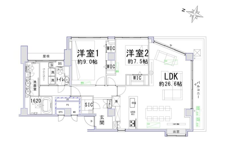 【間取り：2LDK】専有面積106.13㎡、バルコニー面積13.80㎡。約26.6帖のリビングダイニングキッチンに、約9.0帖と約7.5帖の洋室があり、それぞれにウォークインクローゼットを備え、玄関にはシューズインクローゼットを備えており、収納も充実した2LDKです。1620サイズのゆったりとしたバスルーム、ツインボウルの洗面台、トイレが2か所、スロップシンク付きのユーティリティルームと水回りもゆとりある造りとなっています。陽当たり良好な最上階南東角住戸です。                                                                                                  