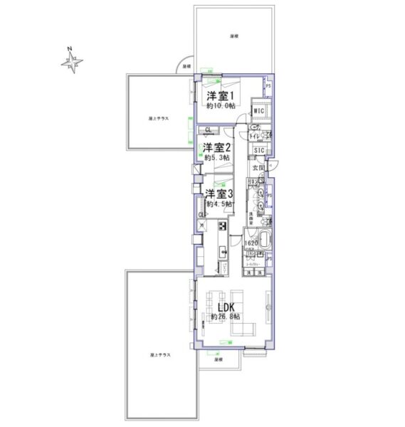 【間取り：3LDK】専有面積114.27㎡、屋上テラス88.38㎡。約26.8帖のリビングダイニングキッチンに、約10.0帖・約5.3帖・約4.5帖の洋室があり、それぞれにウォークインクローゼットまたはクローゼットを備え、玄関にはシューズインクローゼットを備えており、収納も充実した3LDKです。1620サイズのゆったりとしたバスルーム、ツインボウルの洗面台、トイレが2か所、スロップシンク付きのユーティリティルームと水回りもゆとりある造りとなっています。陽当たり良好な3方角住戸です。    
