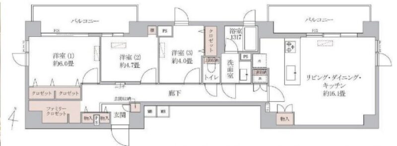 【間取り:3LDK】専有面積83.52㎡。約16.1帖のリビングダイニングキッチン。クローゼット付きの約6.0帖と約4.0帖、オープンクローゼット付きの約4.7帖の洋室があります。リビング収納、廊下にファミリークロゼットや収納、玄関にシューズクローゼットと収納を備え、収納も豊富です。開放感のある3方に採光がある住戸です。