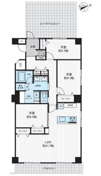【間取り:3LDK】専有面積94.72㎡、バルコニー面積11.8㎡、ルーフバルコニー面積22.26㎡。クローゼット付きの約21.7帖のリビングダイニングキッチンに、約6.3帖・約5.5帖・約5.9帖の洋室があり、それぞれにクローゼットを備えています。家事スペース、ダブルボウル洗面台など、水回りにもゆとりがあります。3面採光のある陽当たり・眺望良好な住戸です。