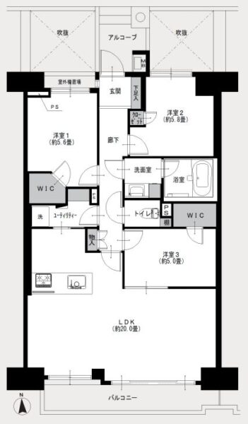 【間取り：3LDK】専有面積82.88㎡、バルコニー面積8.54㎡、アルコープ面積4.16㎡。約20.0帖のリビングダイニングキッチンに、ウォークインクローゼット付きの約5.6帖と約5.0帖、クローゼット付きの約5.8帖の洋室があり、収納付きのユーティリティルームもあります。洗面室にリネン庫、廊下に収納、玄関にシューズクローゼットを備え、収納も豊富です。陽当たり良好な南向き住戸です。