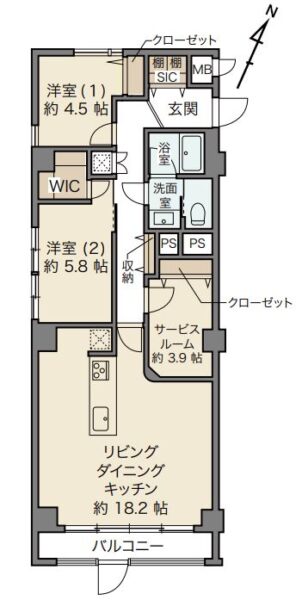 【間取り：2SLDK】専有面積73.41㎡。約18.2帖のリビングダイニングキッチンに、ウォークインクローゼット付きの約5.8帖、クローゼット付きの約4.5帖、クローゼット付きの約3.9帖のサービスルームがあります。廊下に収納、玄関にシューズインクローゼットを備え、収納も充実しています。陽当たり良好な3方角住戸です。