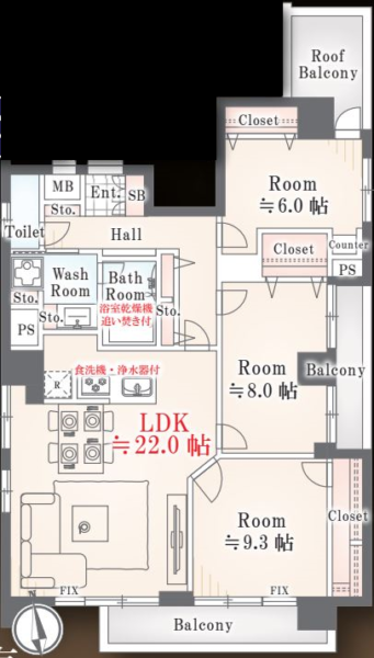 【間取り:3LDK】専有面積96.15㎡、バルコニー面積16.74㎡。約22.0帖のリビングダイニングキッチンに、約9.3帖・約8.0帖・約6.0帖の洋室があり、それぞれにクローゼットを備え、洗面室にリネン庫、廊下に収納、玄関にシューズボックスを備え、収納も豊富です。。4面に窓ありのワンフロア1住戸です。