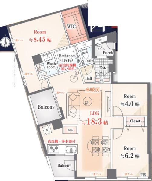 【間取り:3LDK】専有面積83.20㎡、バルコニー面積7.18㎡。床暖房付きの約18.3帖のリビングダイニングキッチンに、ウォークインクローゼット付きの約8.45帖、クローゼット付きの約6.2帖、約4.0帖の洋室があります。収納も充実し、1616サイズのバスルーム、専用手洗いスペース付きのトイレなど、水回りにもゆとりがあります。玄関ポーチ・トランクルーム・新品家具付き物件の陽当たり良好な南西角住戸です。