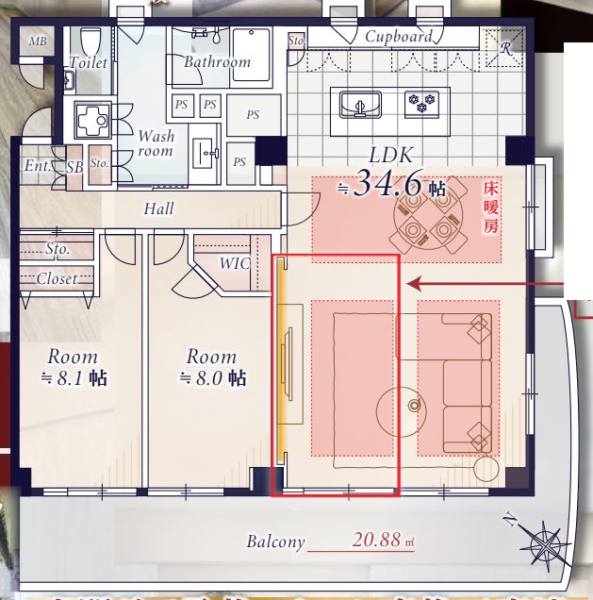 【間取り：2LDK】専有面積108.50㎡、バルコニー面積20.88㎡。床暖房付きの約34.6帖のリビングダイニングキッチンに、ウォークインクローゼット付きの約8.0帖、クローゼット付きの約8.1帖の洋室があります。陽当たり良好な3方角住戸です。
