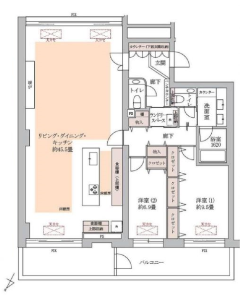 【間取り:2LDK】専有面積145.78㎡、バルコニー面積24.86㎡、ルーフガーデン面積64.61㎡。床暖房付きの約45.5帖のリビングダイニングキッチンに、約9.5帖と約6.9帖の洋室があり、それぞれにクローゼットを備え、リビング・キッチン・廊下・玄関にも収納を備え、収納も豊富です。ランドリースペース、1620サイズのバスルーム、ダブルボウルの洗面台、トイレが2か所など水回りにもゆとりがあります。陽当たり良好な2面採光のある住戸です。
