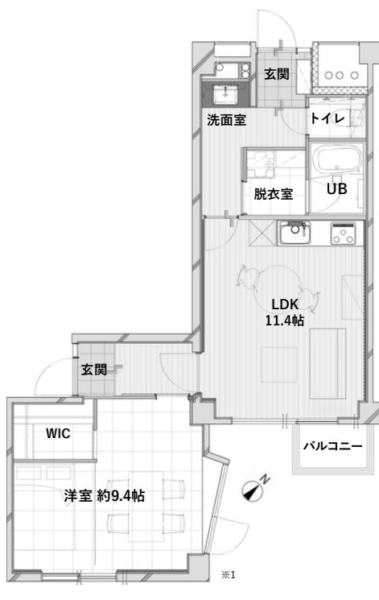 【間取り：1LDK】専有面積53.21㎡。約11.4帖のリビングダイニングキッチンに、ウォークインクローゼット付きの約9.4帖の洋室。玄関が2か所あり、事務所やワークスペースと居住空間と入口を分けることもできます。陽当たり良好な南東向き住戸です。