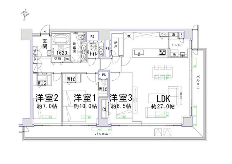 【間取り:3LDK】専有面積124.50㎡、バルコニー面積31.51㎡。約27.0帖のリビングダイニングキッチンに約10.0帖と約7.0帖の洋室があり、それぞれにウォークインクローゼットを備え、玄関にはシューズクローゼットを備えており、収納も充実した3LDKです。1620サイズのゆったりとしたバスルーム、ツインボウルの洗面台、トイレが2か所、スロップシンク付きのユーティリティルームと水回りもゆとりある造りとなっています。北と西向きの角住戸です。