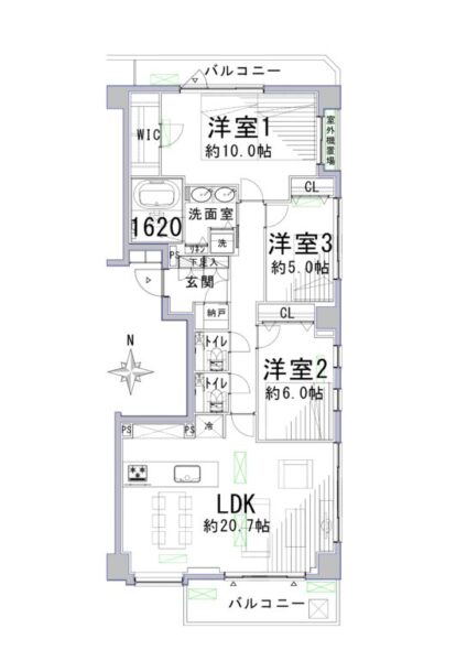 【間取り：3LDK】専有面積95.53㎡、バルコニー面積20.41㎡。広々LDK約20.7帖のリビングダイニングキッチンに、約10.0帖・約6.0帖・約5.0帖の洋室があり、それぞれにウォークインクローゼットまたはクローゼットを備え、玄関には納戸とシューズクローゼットを備えており、収納も充実しています。1620サイズのゆったりとしたバスルーム、ツインボウルの洗面台、トイレが2か所と水回りもゆとりある造りとなっています。南・東・北向きの陽当たり良好な3方角住戸です。